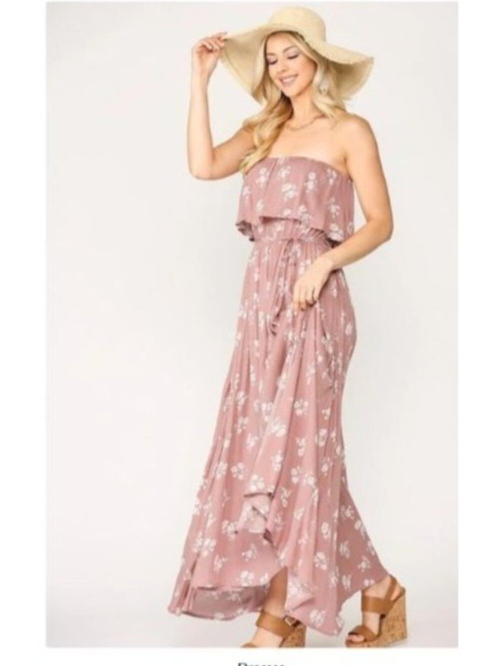 GiGi USA Womens strapless Floral Maxi Dress crinkle rose size Large Rayon - Picture 1 of 7